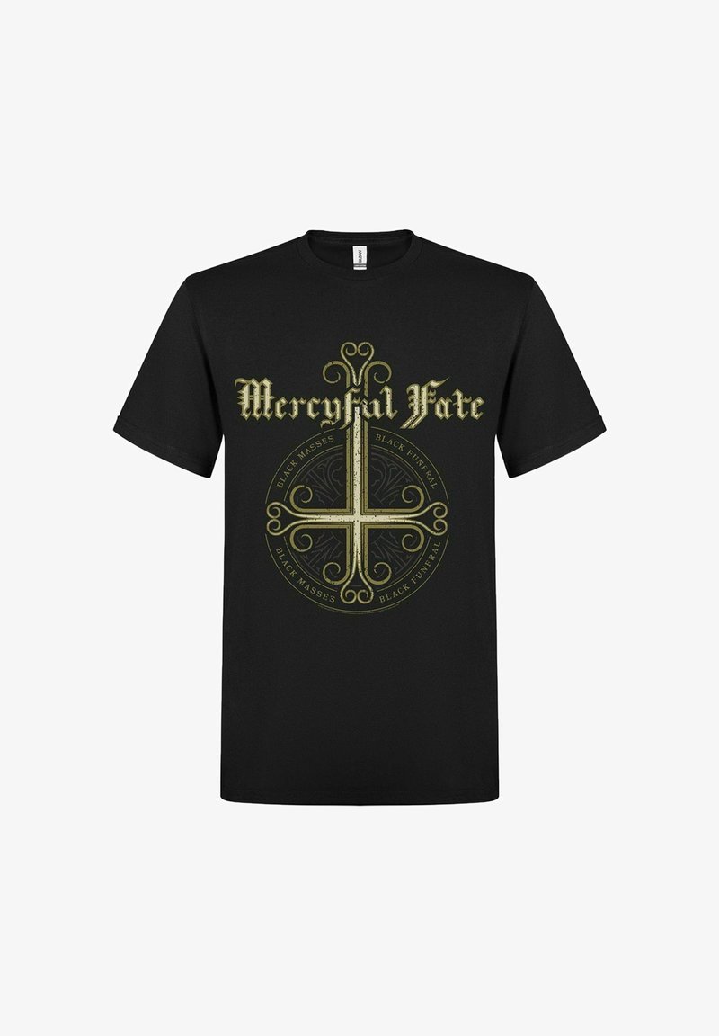 Maglietta nera in cotone con un disegno grafico dorato che presenta il testo "Mercyful Fate" e motivi circolari, centrati sul davanti.