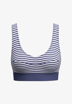 Gestreepte bralette in marineblauw en crème, met een ronde hals, brede banden en een solide band aan de onderkant. Gemaakt van zachte, rekbare stof.