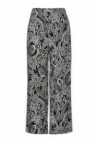 Svartvit paisley-mönstrade vida byxor med en platt midja och en avslappnad passform. Slät textur med intrikata blommönster.