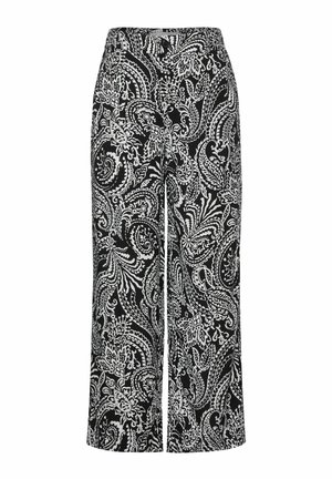 Černobílé široké kalhoty s paisley vzorem a plochým pasem, pohodlného střihu. Hladký povrch s propracovanými květinovými vzory.