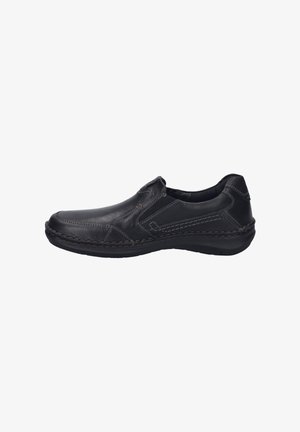 Schwarzer Leder-Slipper mit kontrastierenden Nähten, runder Zehenpartie und strukturierten Akzenten. Verfügt über eine gepolsterte Sohle für zusätzlichen Komfort.