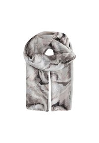 Textured scarf with a marbled grey and beige pattern. Made of soft, ribbed fabric, it features a looped design for easy wear.
