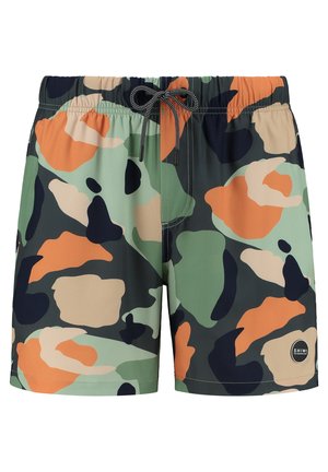 Zwemshorts voor heren in een multi-kleurig camouflagepatroon met groen, oranje en marineblauw. Elastische tailleband met koord; gladde stof.