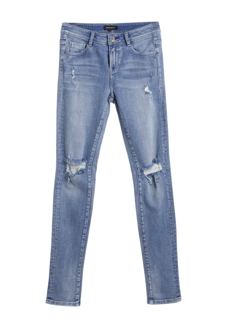 Skinny jeans van lichtblauwe denim, met verweringdetails, twee voorzakken en een knoopsluiting op de taille.
