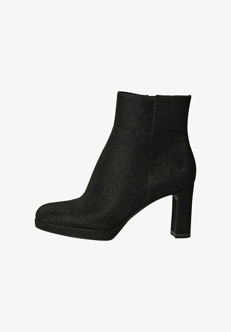 Schwarze Knöchelboots aus strukturiertem Stoff mit einem dezenten Schimmer. Sie verfügen über eine quadratische Zehenpartie, einen hohen Blockabsatz und ein glattes, straffes Design.
