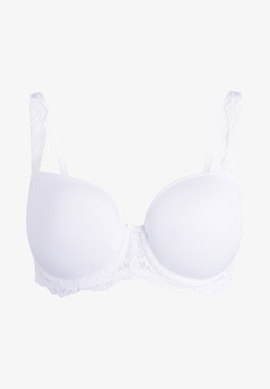 White bra featuring smooth padded cups, lace trim at the bottom, and adjustable straps. Suitable for everyday wear.