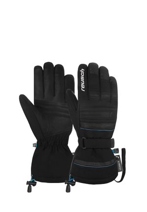 Black gloves featuring a leather palm, softshell upper, elastic cuffs, and adjustable straps. Blue accents and textured grip details present.