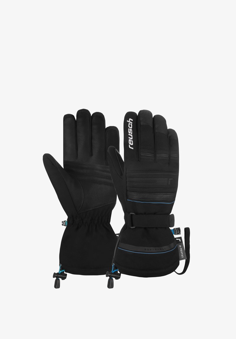 Schwarze Handschuhe mit einer Lederinnenhand, einem Softshell-Oberteil, elastischen Bündchen und verstellbaren Riemen. Blaue Akzente und strukturierte Griffdetails sind vorhanden.