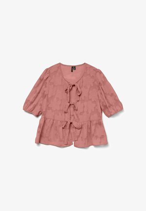 Rosa mønstret bluse med 3/4-puffermet ermer, rund hals, peplumkant foran og tre bundne sløyfer midt foran.