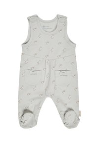 Ärmelloser, hellgrauer Babystrampler mit kleinem Blumenmuster, zwei Vorderaschen, die jeweils mit einer kleinen Schleife verziert sind, und Druckknöpfen an den Schultern.