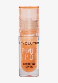 Contenitore di plastica trasparente con un olio per labbra di colore pesca. Presenta un design trasparente, con la scritta "POUT LIP OIL" e un applicatore a pompa sulla parte superiore.