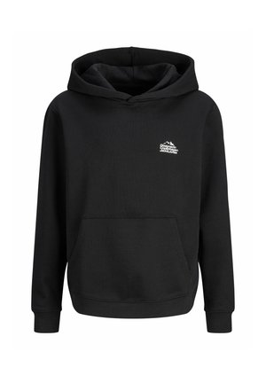 Sweatshirt noir à capuche avec poche avant et petit logo de montagne blanc ainsi que du texte sur le côté gauche de la poitrine.