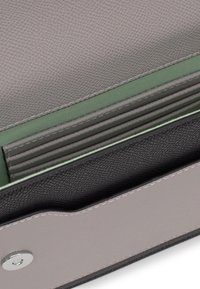 Gray leather wallet with a textured finish, featuring a mint green interior and black accents. Includes multiple card slots and silver hardware.