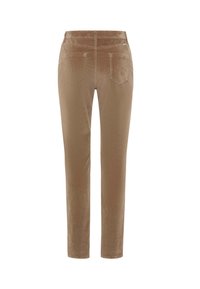 Brune kordfløjsbukser med slim fit, der har baglomme og en glat overflade. Lige ben og et designet taljebånd.