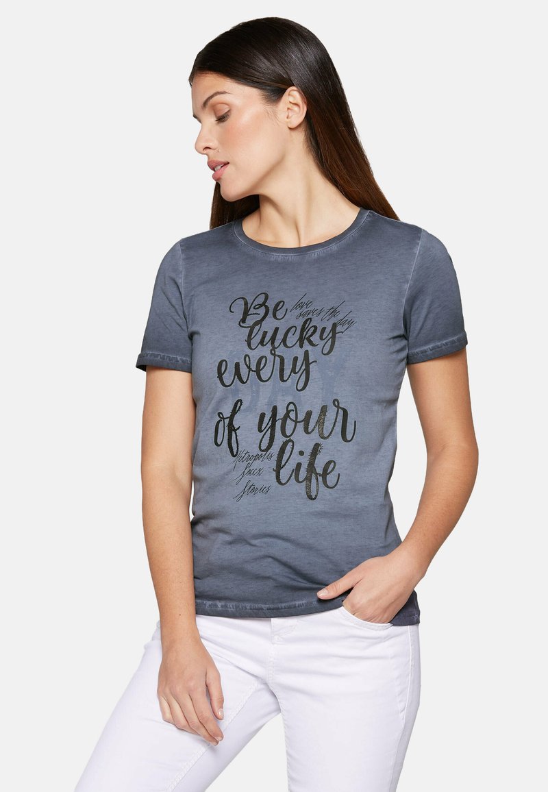 Gray cotton t-shirt featuring short sleeves, a round neckline, and a front print with inspirational text in various fonts and styles.