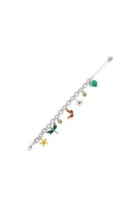 Silver chain bracelet with colorful flower and leaf charms, featuring enamel accents and a lobster clasp for secure closure.