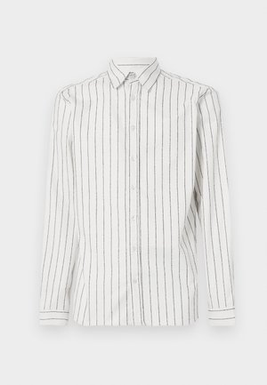 White long-sleeve shirt with black vertical stripes, button-down collar, and front buttons. Soft fabric with a smooth texture.