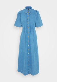 Ljusblå denimklänning med korta puffärmar, knapplist framtill med guldknappar och en midjelång design med diskreta sid sömmar.