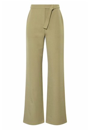 Kaki bukser med høj talje og vide ben, med matchende stofbælte og metalspænde, lukning foran og et rent skræddersyet fit.