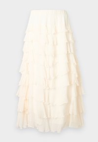 Jupe midi couleur crème avec des volants en couches et une ceinture élastique, présentée sur un fond uni.