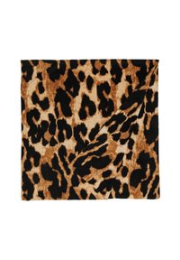 Schal mit Leopardenmuster aus einem weichen, strukturierten Stoff in verschiedenen Braun- und Schwarztönen, mit gefaltetem Rand und unregelmäßigem Muster.