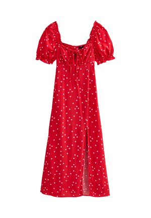 Robe rouge à pois avec des manches ballons courtes, un détail à nouer au niveau du décolleté et une fente à l'avant. Fabriquée en tissu léger avec une texture lisse.