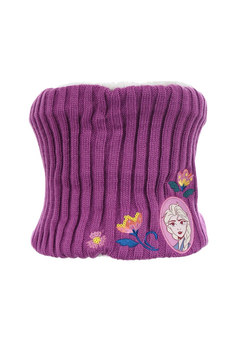 Fascia in maglia viola caratterizzata da una texture a coste, morbido interno bianco e fiori ricamati con un grafico di un personaggio su un lato.
