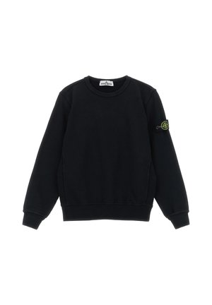 Schwarzes Sweatshirt mit Rundhalsausschnitt, langen Ärmeln und einem runden Logopatch am linken Ärmelbündchen.
