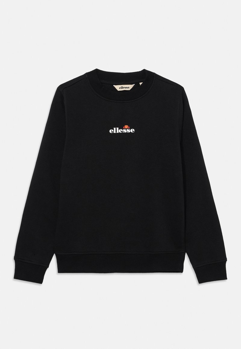 Sweatshirt preto de manga longa com gola redonda, apresentando o logo branco "ellesse" e um semicírculo laranja no peito, com punhos e bainha canelados.