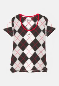 Short-sleeve t-shirt with a black, white, and grey argyle pattern, featuring a red neckline and small embroidered detail on the front.