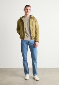 Olivegrüner, leichter Bomberjacke, grauer Pullover, blaue Jeans und weiße Sneaker. Glatte Textur, Reißverschluss und Kapuzen-Detail.