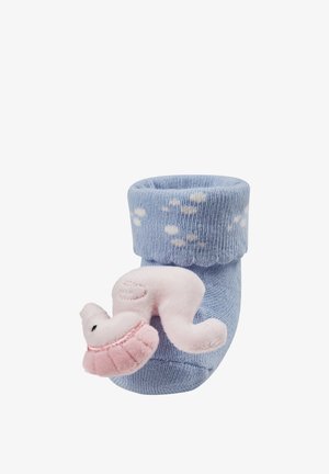 Blue baby sock with white cloud patterns and a soft pink seahorse plush attached on the front.