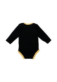 Black long-sleeve bodysuit with a yellow neckline and leg openings. Made of soft fabric, featuring a simple design.