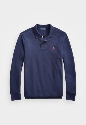Navy long-sleeve polo shirt made of textured fabric, featuring a classic collar, two-button placket, and a small red logo on the chest.