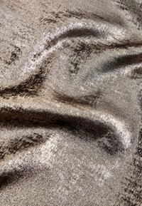 Metalická tkanina s hladkým, strukturovaným povrchem v odstínech bronzu a zlata. Obsahuje třpytivé vzory vzniklé odrazy světla.