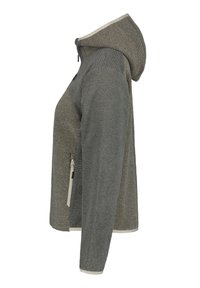Hoodie-Jacke aus strukturiertem grauem Stoff, mit einer Reißverschlusstasche und kontrastierenden hellen Akzenten. Die Seitenansicht zeigt eine figurnahe Silhouette.