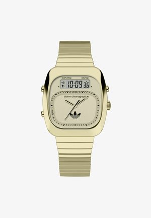 Orologio digitale rettangolare dorato con cinturino metallico liscio, dotato di display cronografo con allarme, logo e marcature nere per le ore.