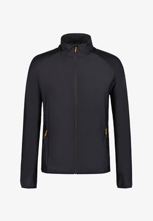 Sort zip-jakke med struktureret overflade, slim fit, opretstående krave og orange lynlåsdetaljer. Inkluderer sidelommer.