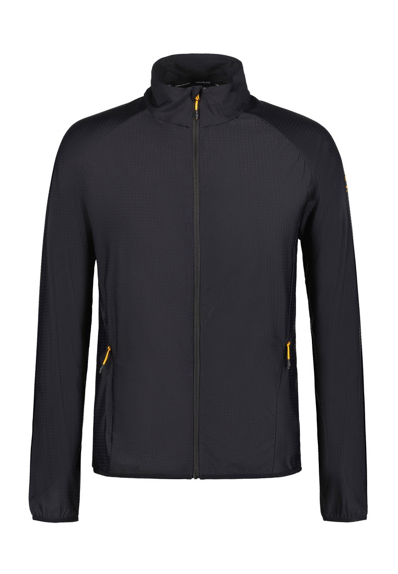 Svart zip-up jacka med en strukturerad yta, slim fit, ståkrage och orange dragkedjeförsedda detaljer. Inkluderar sidofickor.