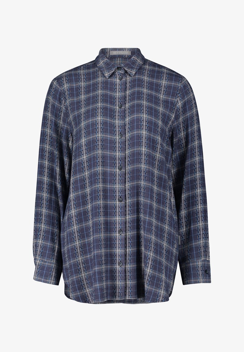 Chemise à manches longues à carreaux bleu marine avec col, présentant des rayures bleu clair et grises.