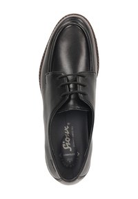 Scarpe eleganti nere in pelle con design stringato, punta arrotondata, cuciture visibili e suola in gomma marrone. Presentano una soletta imbottita per il comfort.