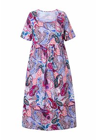 Vestido de manga corta en tejido ligero que presenta un colorido diseño de paisley con tonos de rosa, púrpura y azul, y una cinta elástica en la cintura.
