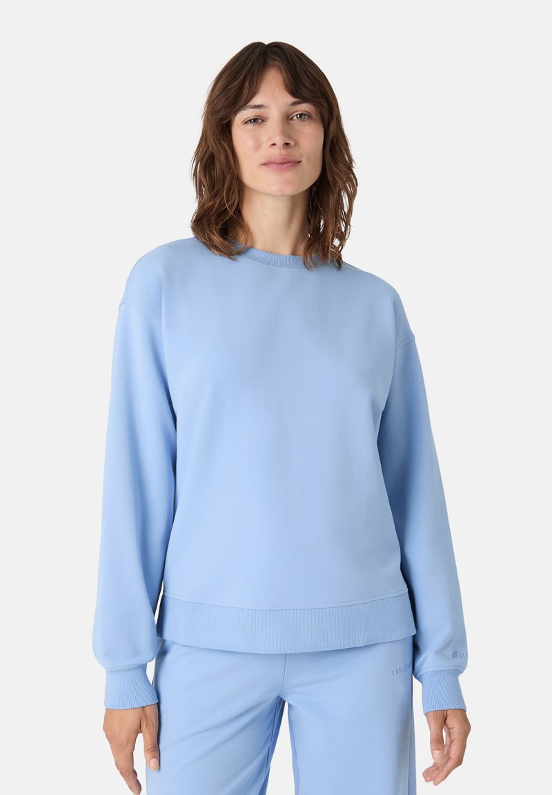 Sudadera azul claro de tela suave, con cuello redondo, puños y dobladillo acanalados. Diseño simple con detalles mínimos.