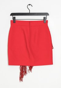 Red mini skirt made of smooth fabric, featuring a form-fitting design and fringe accents along the hem, with a centered back zipper closure.