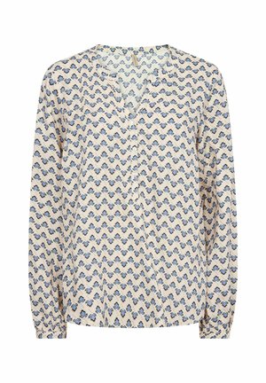 Långärmad beige blus med blå blommönstrade geometriska mönster, knäppning fram och rund halsringning med subtila veck.