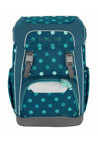 Sac à dos teal avec des pois légers teal, des accents gris, des bretelles réglables, une poche avant et des détails zippés avec des tirettes de fermeture éclair mignonnes.