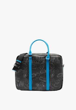 Borsa in ecopelle nera con dettagli blu; presenta un motivo a stampa, doppi manici superiori e una tracolla staccabile.