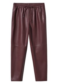 Pantalon marron foncé en similicuir avec taille élastique et cordon de serrage, jambes droites et poches latérales.
