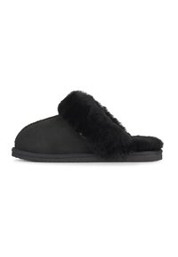Black suede slipper featuring a soft, furry band across the top, flat rubber sole, and seamless stitching along the edges.