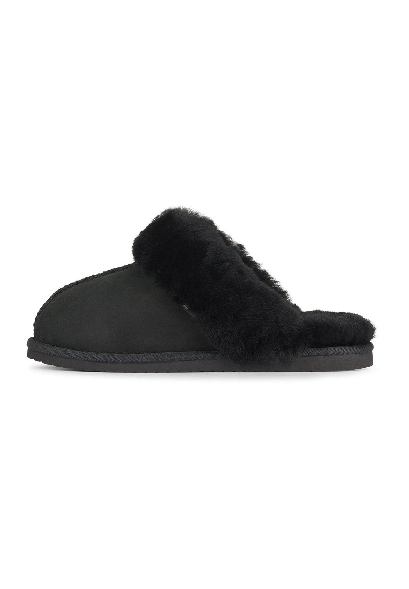 Black suede slipper featuring a soft, furry band across the top, flat rubber sole, and seamless stitching along the edges.